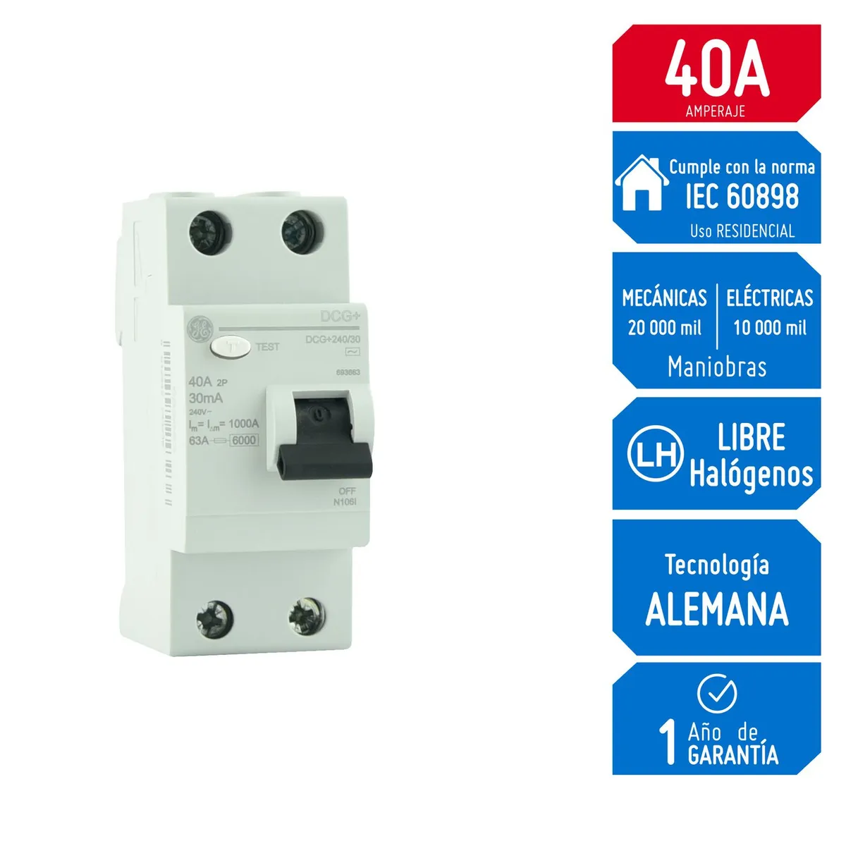 Llave Diferencial Riel DIN DMS 2X40A 30MA 690778 G.E.